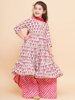 Thumbnail for Girls Off-white Pink Printed Round- Neck Kurta with Plazzo with Dupatta - Bhama - Distacart