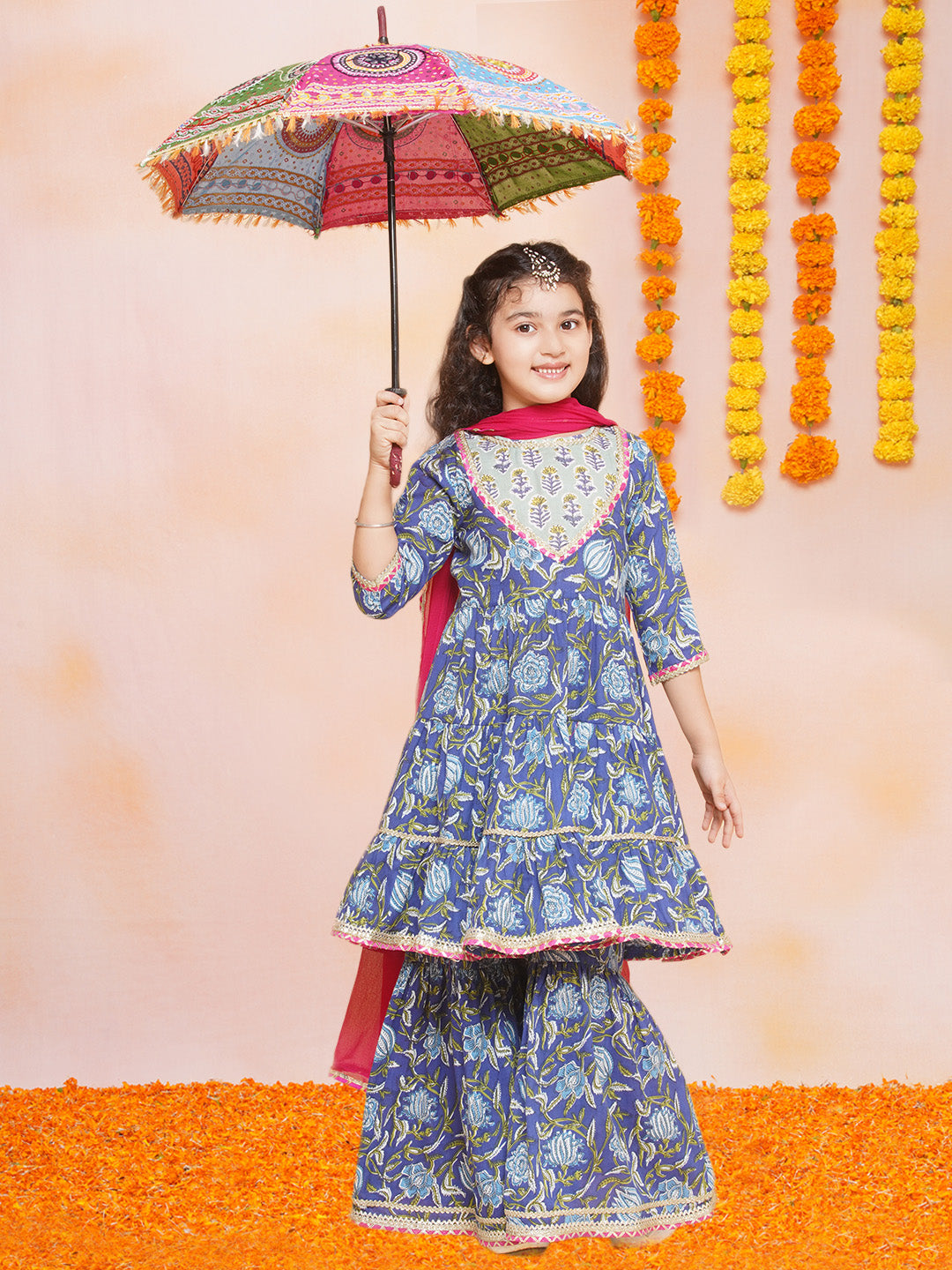 Girls Blue Floral Printed Round- Neck Kurta with Sharara with Dupatta for Kids - Bhama - Distacart