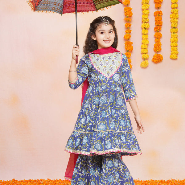 Girls Blue Floral Printed Round- Neck Kurta with Sharara with Dupatta for Kids - Bhama - Distacart