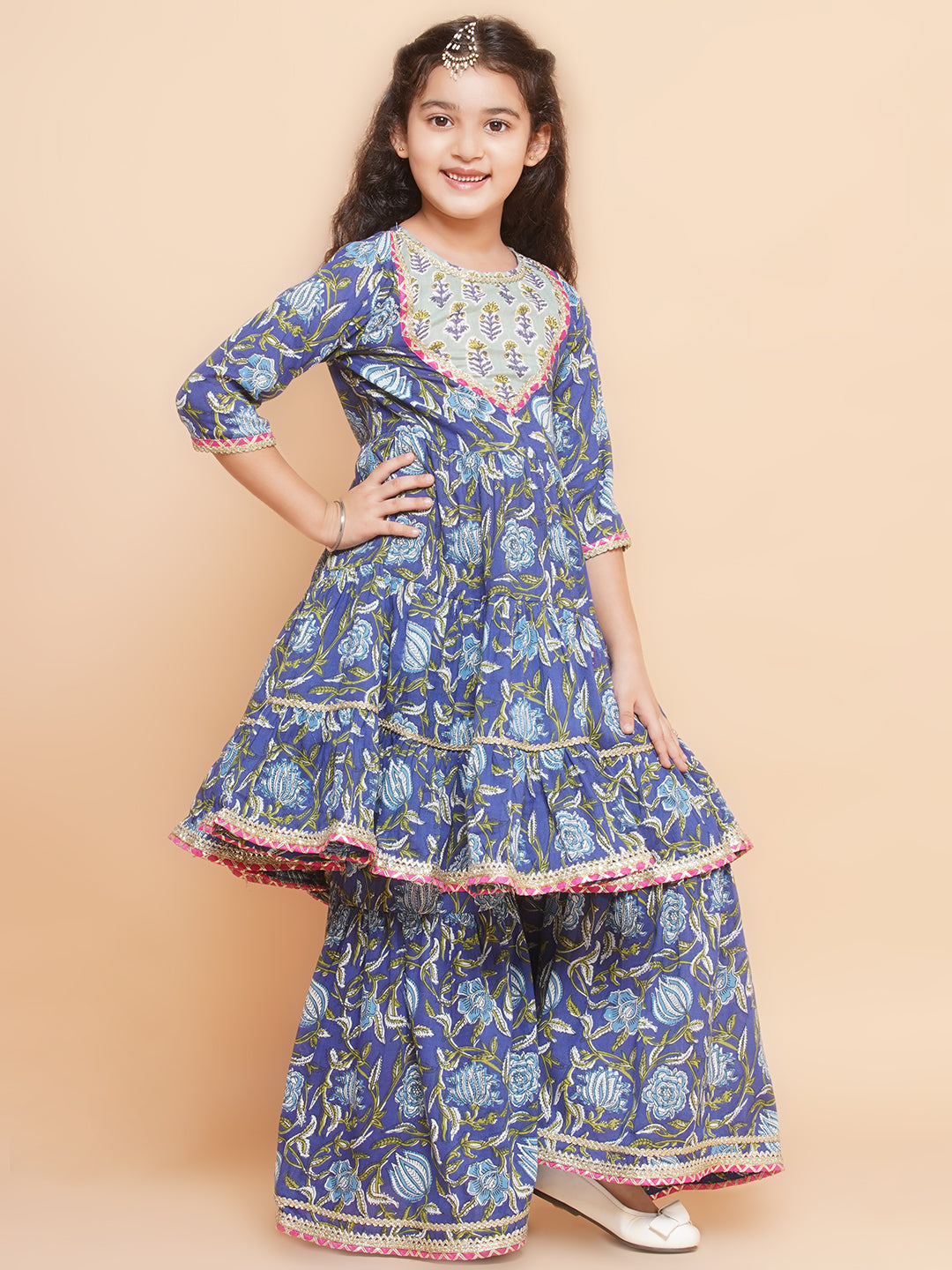 Girls Blue Floral Printed Round- Neck Kurta with Sharara with Dupatta for Kids - Bhama - Distacart