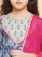 Thumbnail for Girls Blue Floral Printed Round- Neck Kurta with Sharara with Dupatta for Kids - Bhama - Distacart
