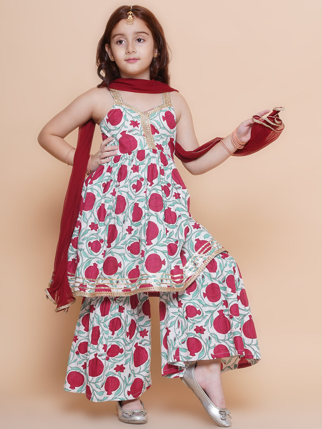 Girls Off White Red Printed Cotton Kurta With Sharara with Dupatta for Kids - Bhama - Distacart