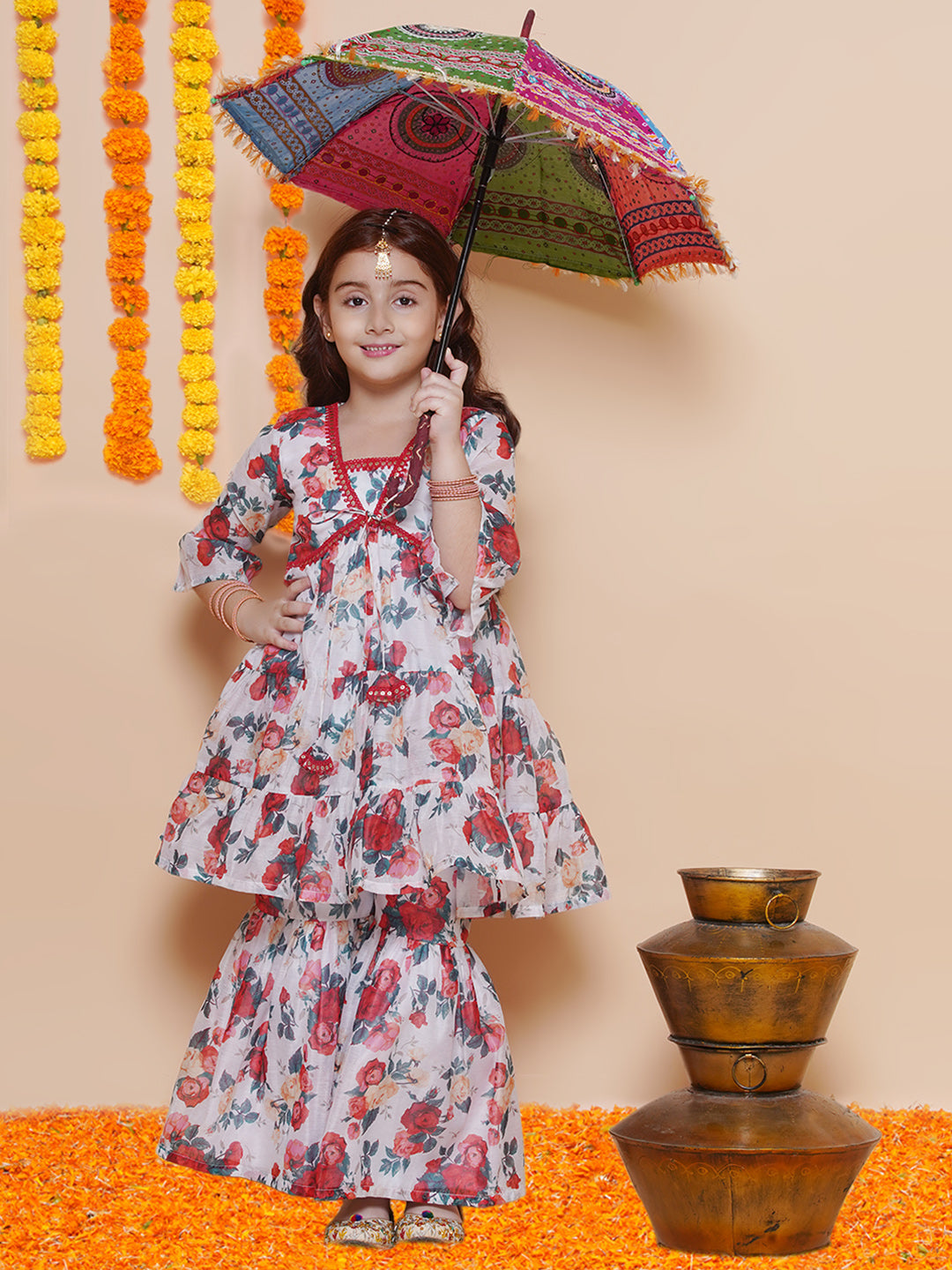 Girls Red Rose Printed Kurta with Sharara for Kids - Bhama - Distacart