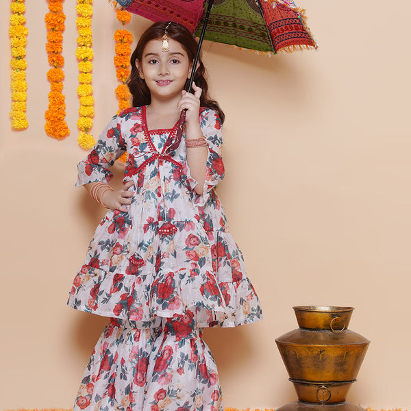 Girls Red Rose Printed Kurta with Sharara for Kids - Bhama - Distacart