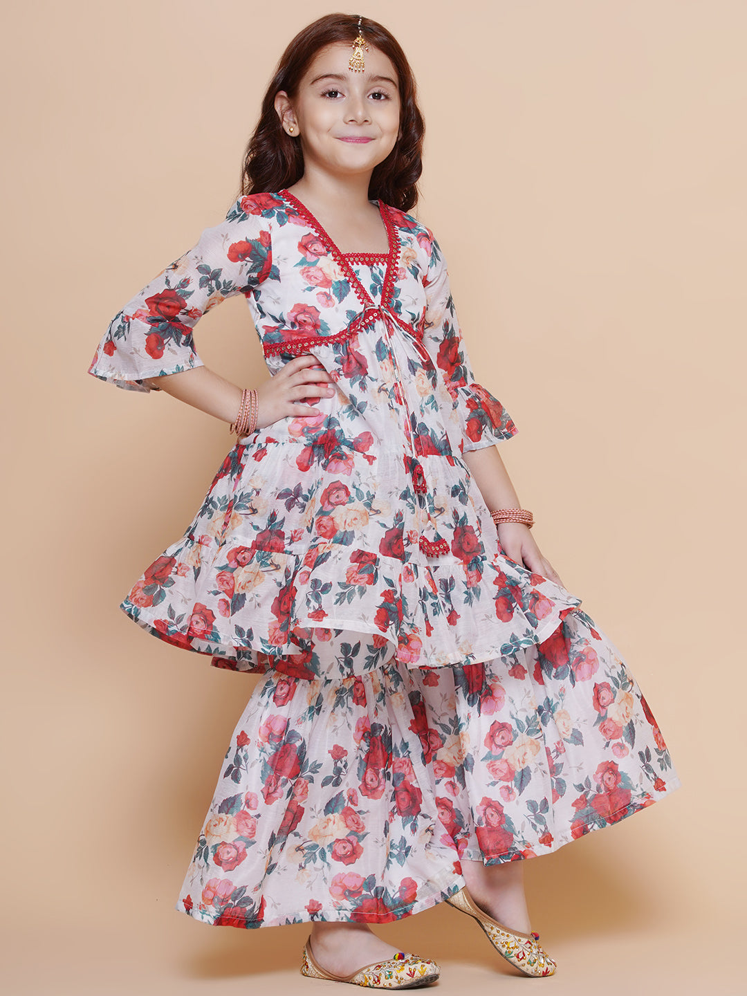 Girls Red Rose Printed Kurta with Sharara for Kids - Bhama - Distacart