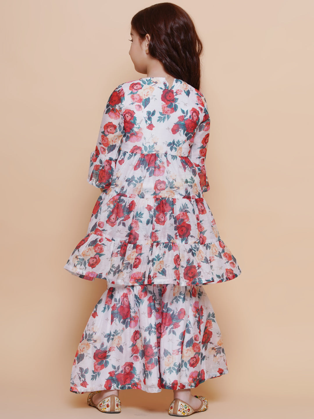 Girls Red Rose Printed Kurta with Sharara for Kids - Bhama - Distacart