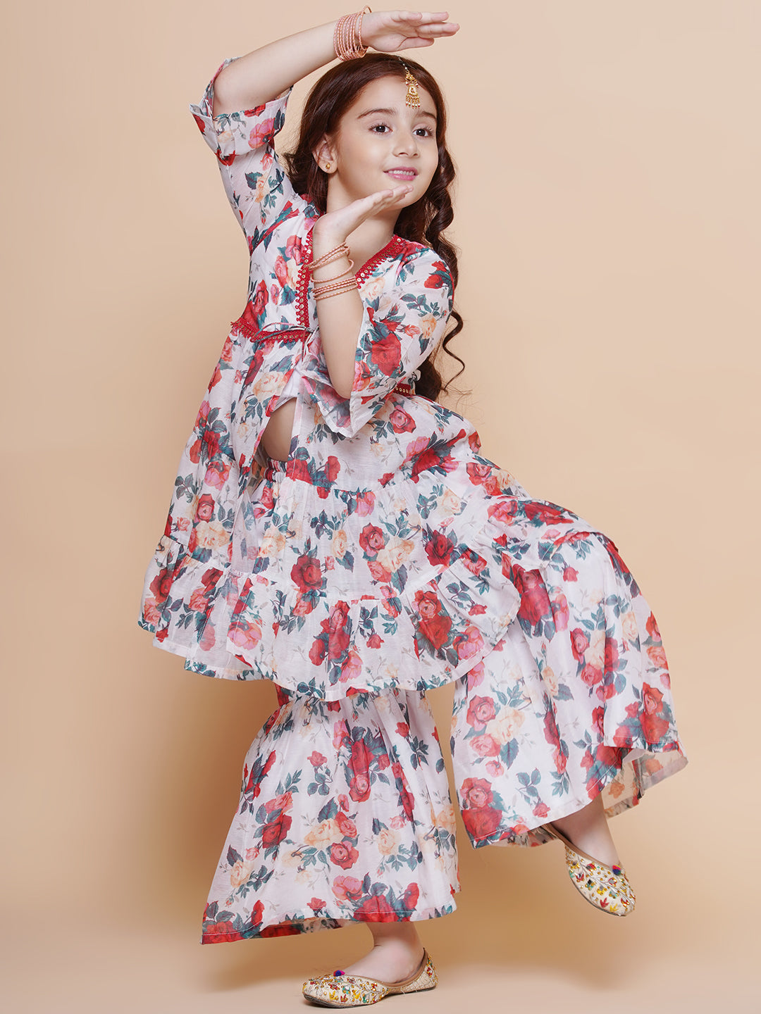 Girls Red Rose Printed Kurta with Sharara for Kids - Bhama - Distacart