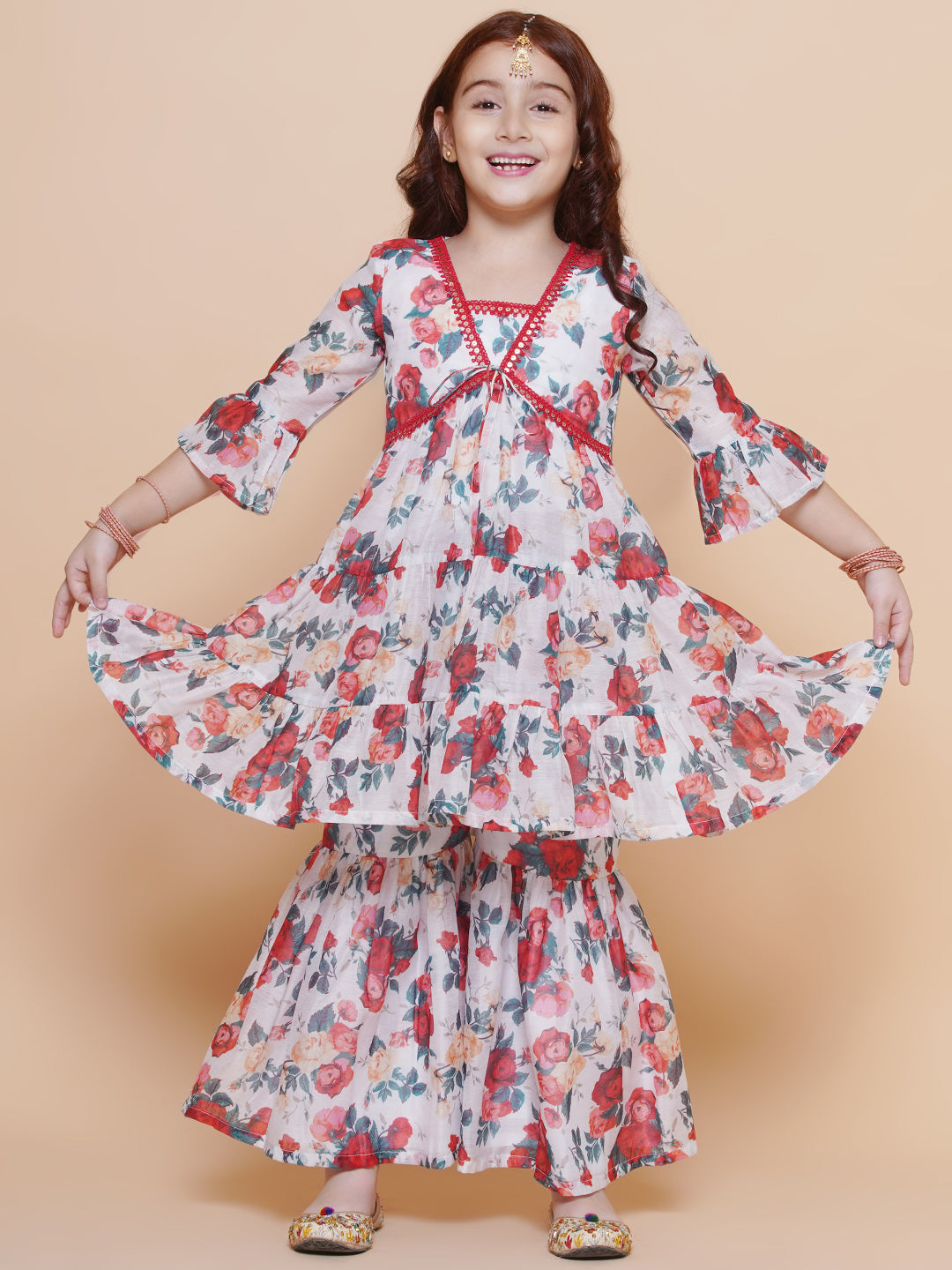 Girls Red Rose Printed Kurta with Sharara for Kids - Bhama - Distacart