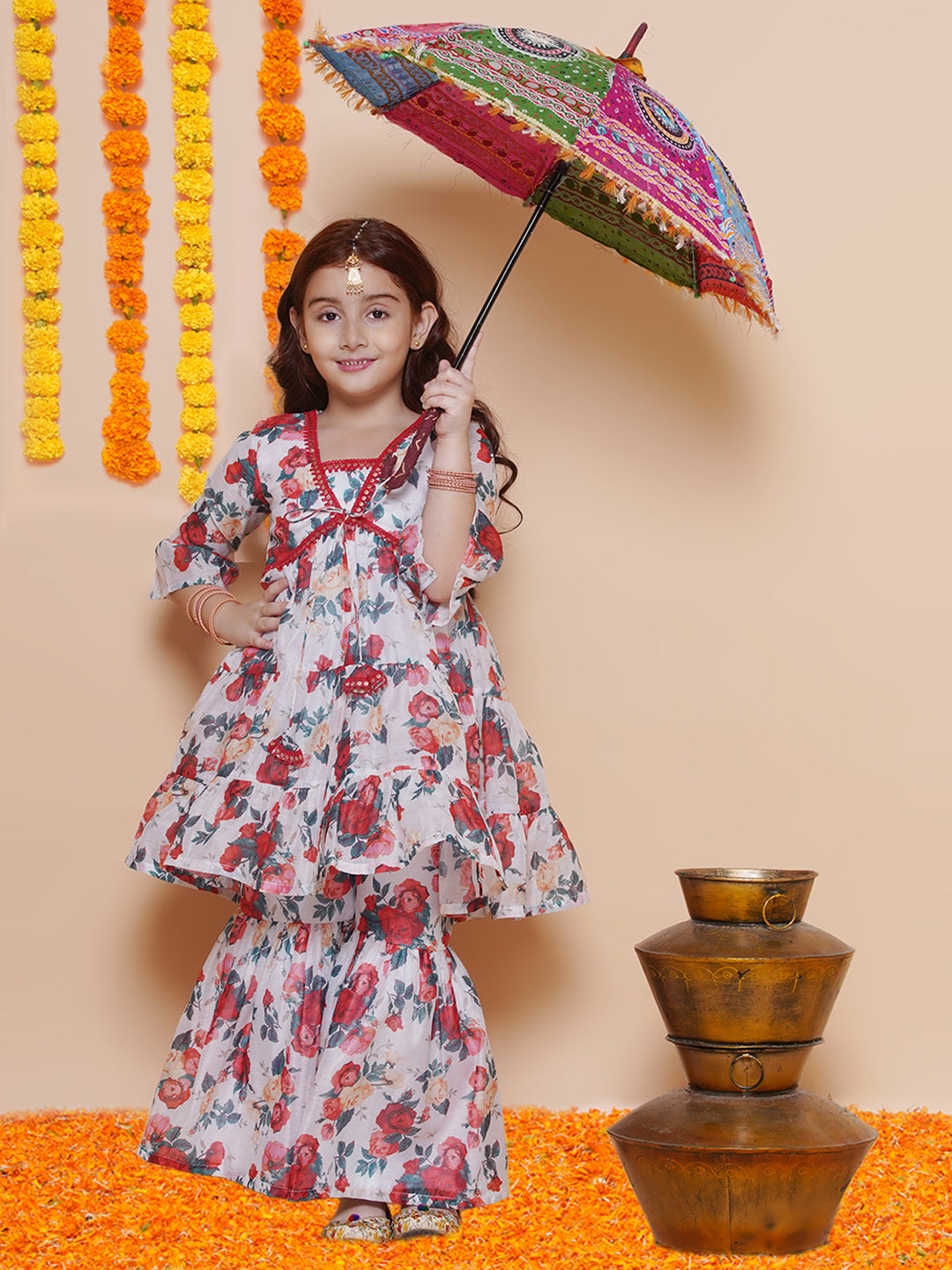 Girls Red Rose Printed Kurta with Sharara for Kids - Bhama - Distacart