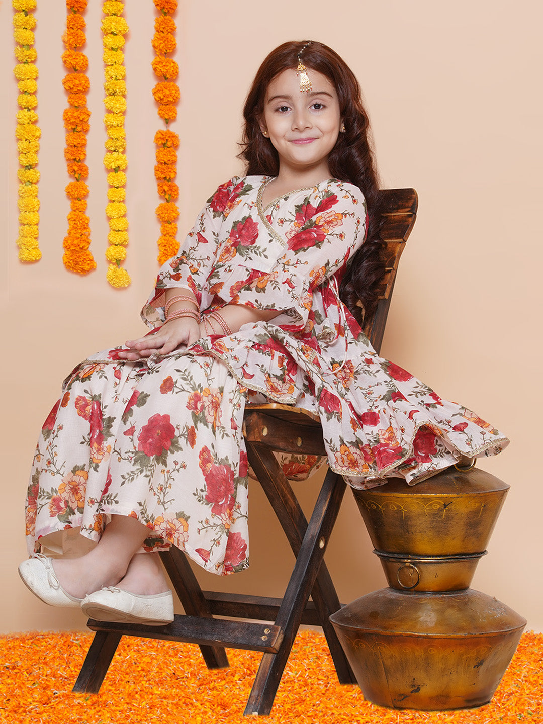 Girls Off white red Printed Angrakha Kurta with Sharara for Kids - Bhama - Distacart