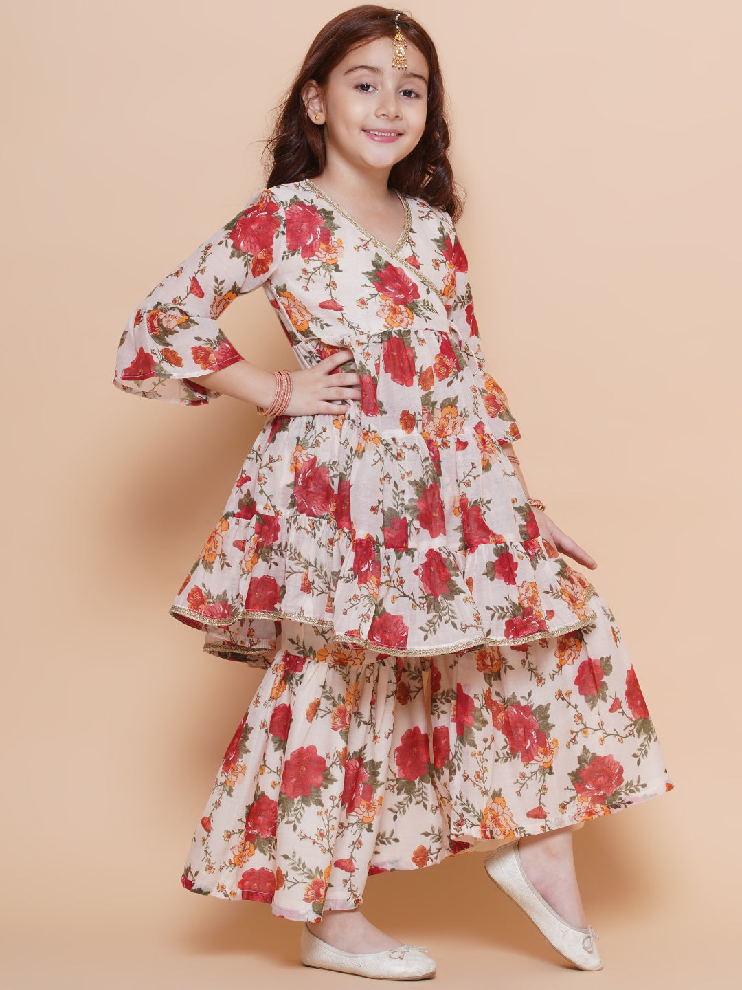 Girls Off white red Printed Angrakha Kurta with Sharara for Kids - Bhama - Distacart