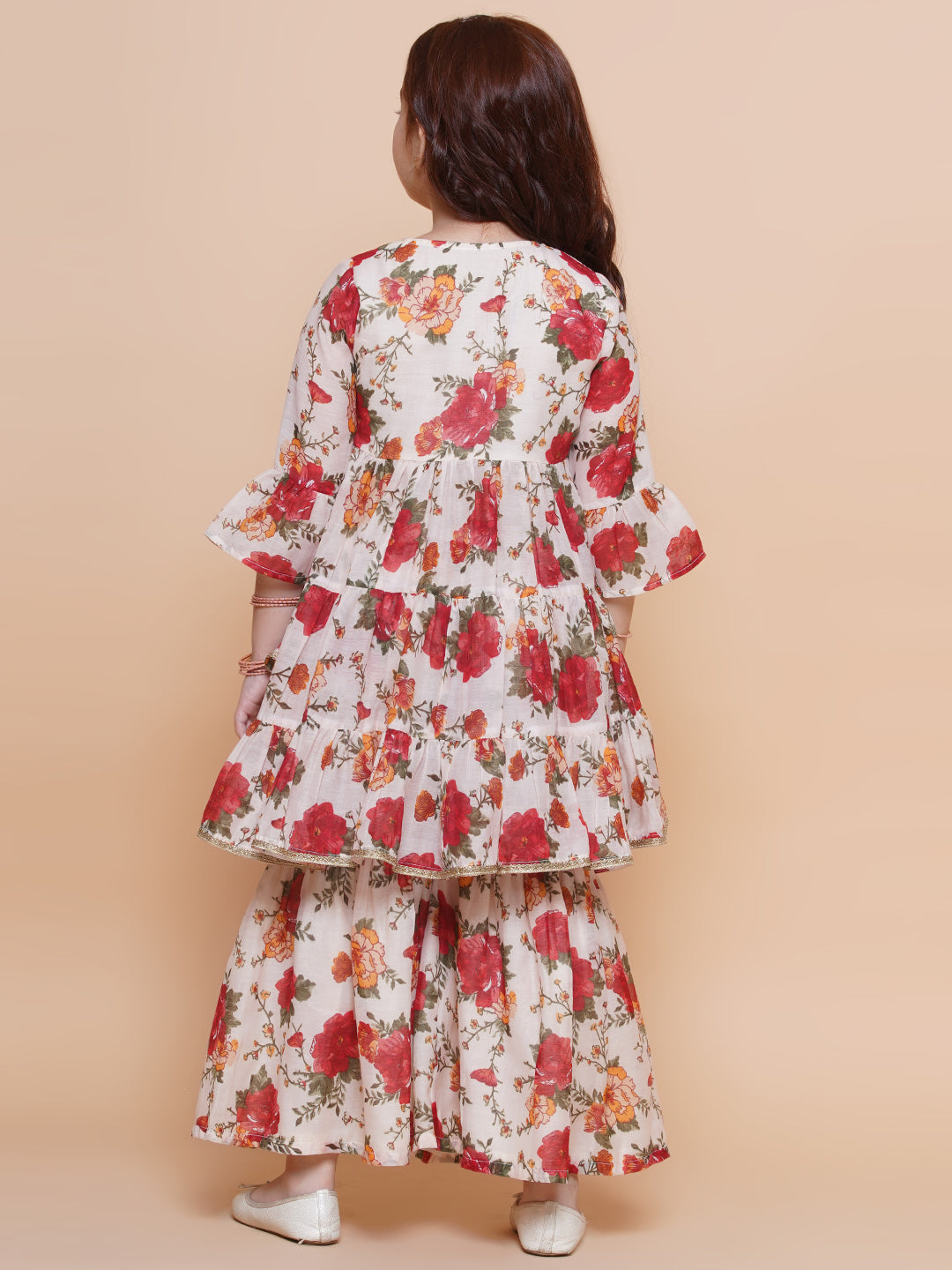 Girls Off white red Printed Angrakha Kurta with Sharara for Kids - Bhama - Distacart