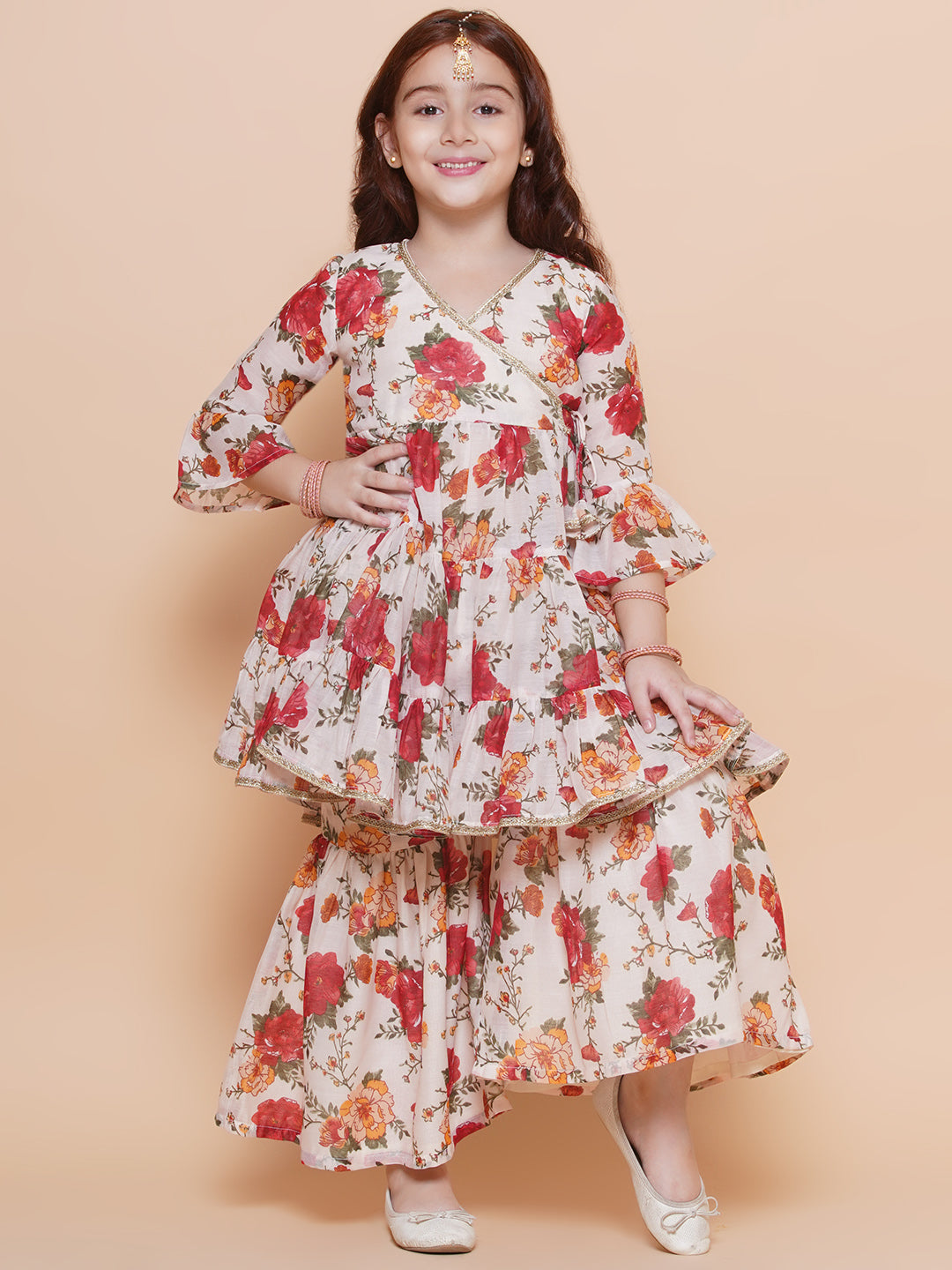 Girls Off white red Printed Angrakha Kurta with Sharara for Kids - Bhama - Distacart