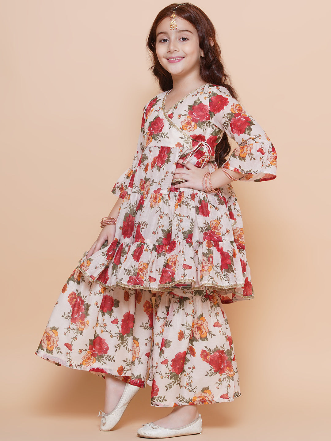 Girls Off white red Printed Angrakha Kurta with Sharara for Kids - Bhama - Distacart