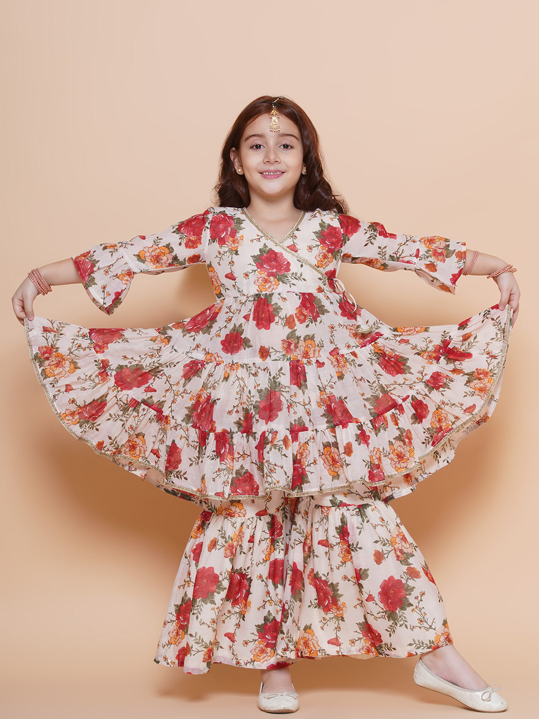 Girls Off white red Printed Angrakha Kurta with Sharara for Kids - Bhama - Distacart