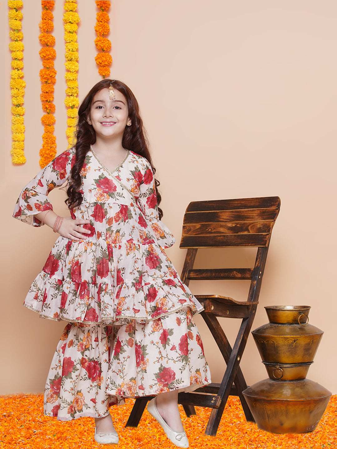 Girls Off white red Printed Angrakha Kurta with Sharara for Kids - Bhama - Distacart