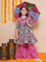 Thumbnail for Girls Pink Printed Cotton Tiered Kurta With Sharara for Kids - Bhama - Distacart
