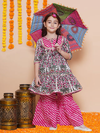 Girls Pink Printed Cotton Tiered Kurta With Sharara for Kids - Bhama - Distacart