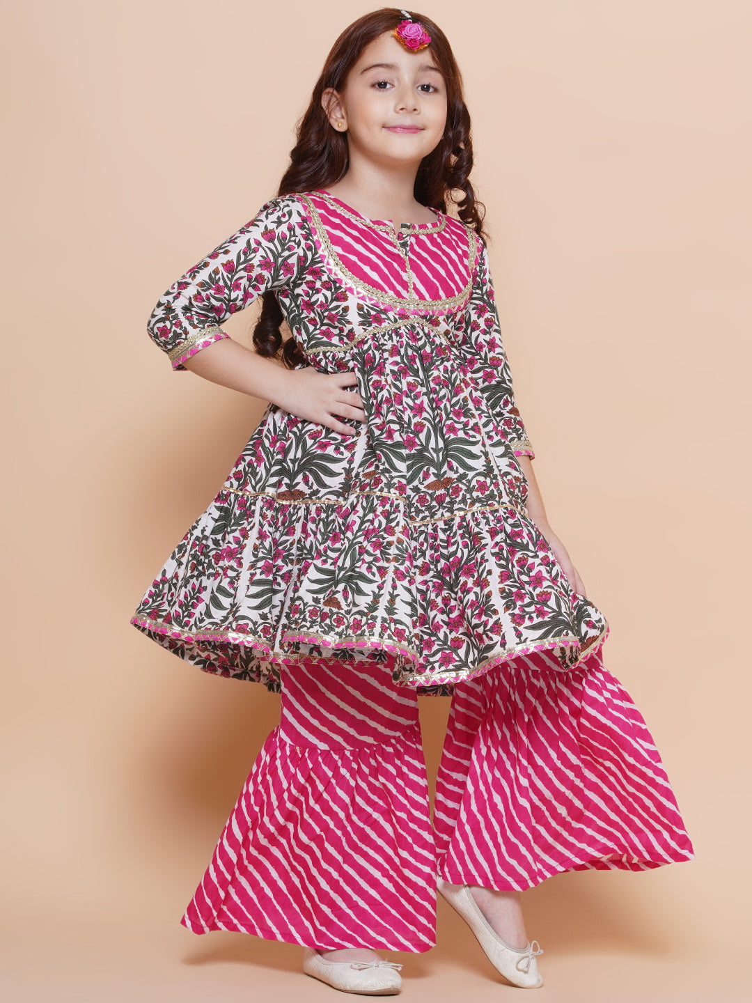 Girls Pink Printed Cotton Tiered Kurta With Sharara for Kids - Bhama - Distacart
