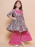 Thumbnail for Girls Pink Printed Cotton Tiered Kurta With Sharara for Kids - Bhama - Distacart
