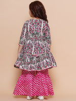 Thumbnail for Girls Pink Printed Cotton Tiered Kurta With Sharara for Kids - Bhama - Distacart