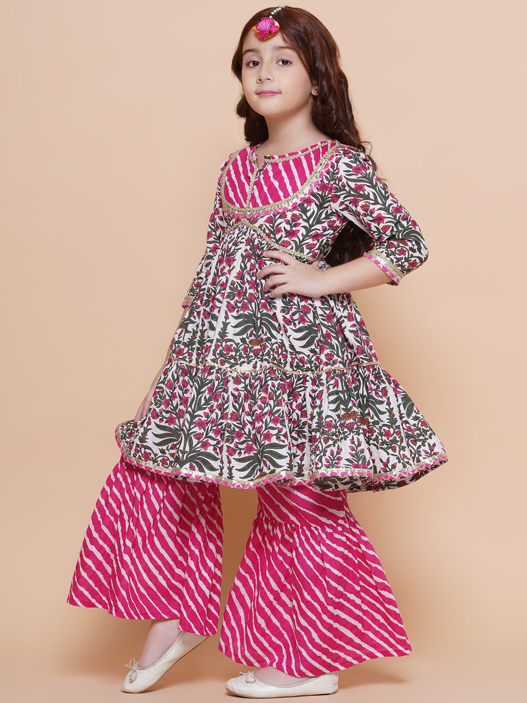 Girls Pink Printed Cotton Tiered Kurta With Sharara for Kids - Bhama - Distacart