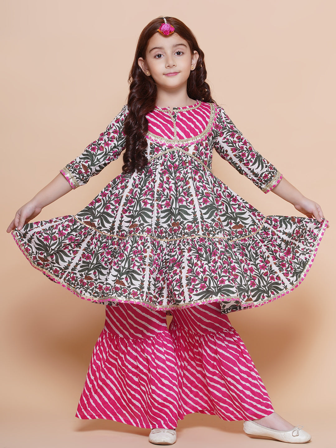 Girls Pink Printed Cotton Tiered Kurta With Sharara for Kids - Bhama - Distacart