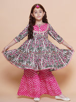 Thumbnail for Girls Pink Printed Cotton Tiered Kurta With Sharara for Kids - Bhama - Distacart