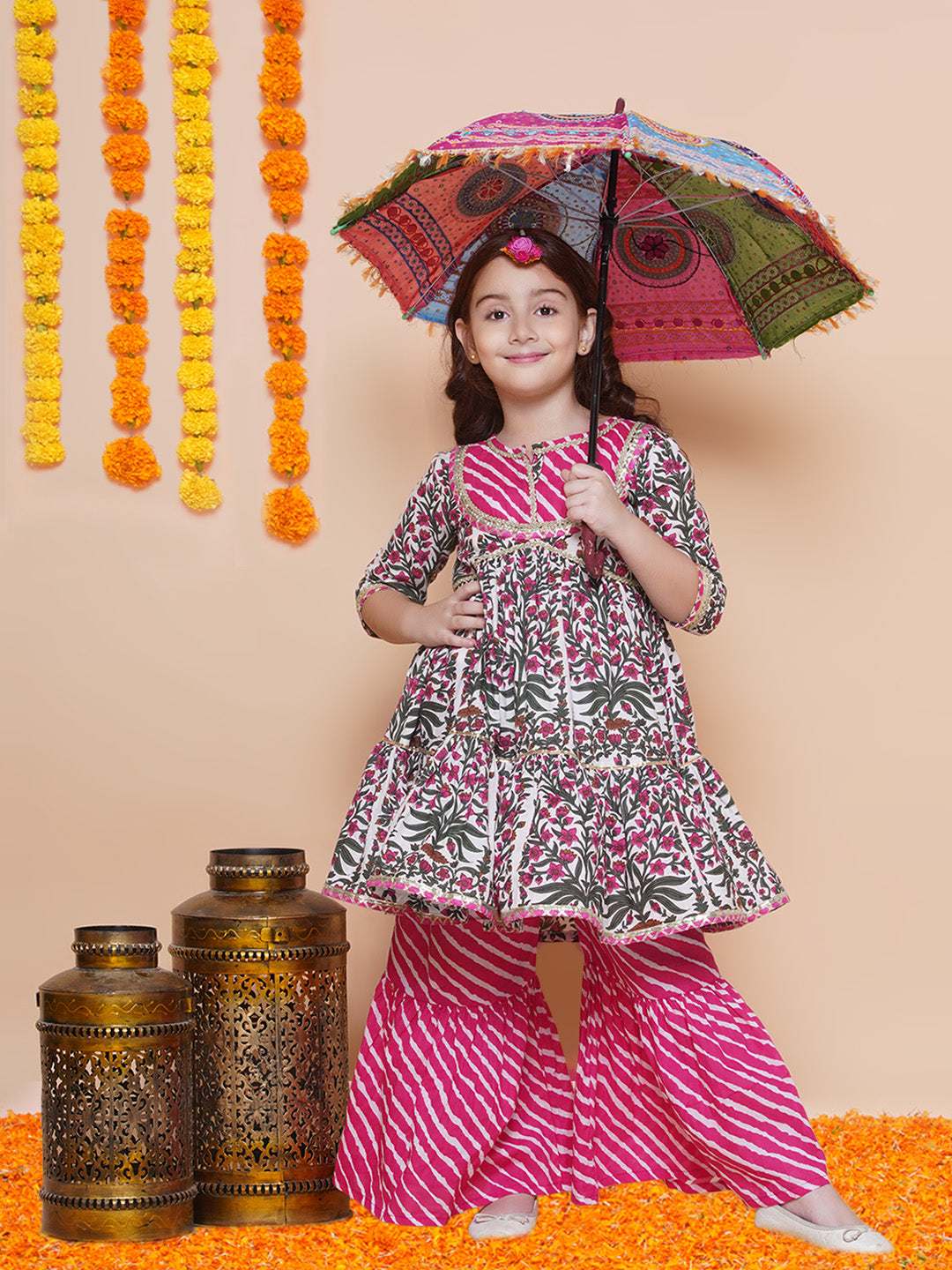 Girls Pink Printed Cotton Tiered Kurta With Sharara for Kids - Bhama - Distacart