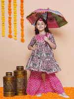 Thumbnail for Girls Pink Printed Cotton Tiered Kurta With Sharara for Kids - Bhama - Distacart