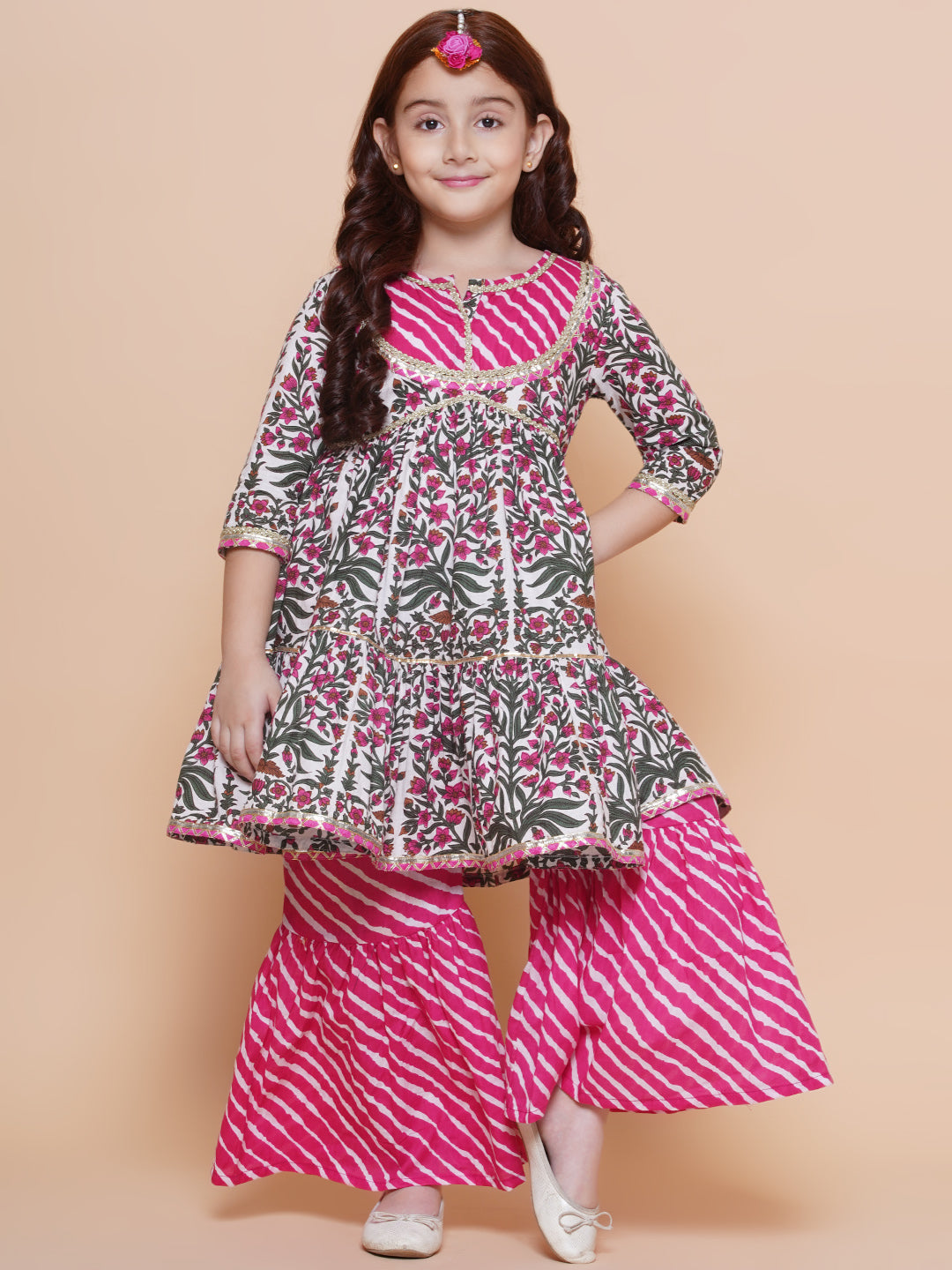 Girls Pink Printed Cotton Tiered Kurta With Sharara for Kids - Bhama - Distacart