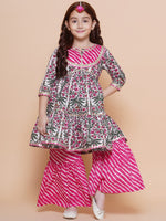Thumbnail for Girls Pink Printed Cotton Tiered Kurta With Sharara for Kids - Bhama - Distacart