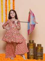 Thumbnail for Girls Peach Maroon Printed Cotton Kurta With Sharara for Kids - Bhama - Distacart