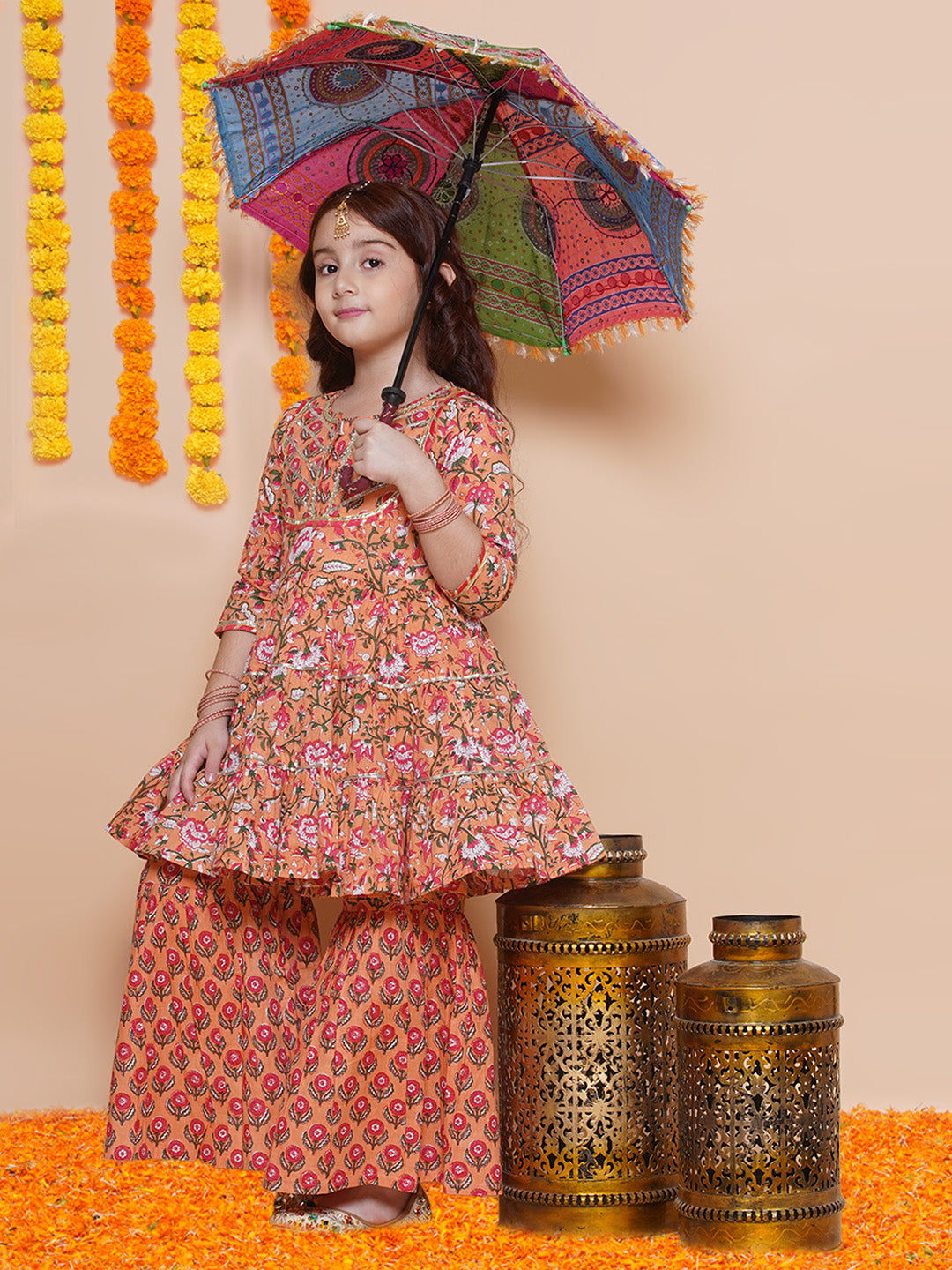 Girls Peach Maroon Printed Cotton Kurta With Sharara for Kids - Bhama - Distacart