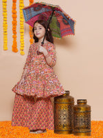 Thumbnail for Girls Peach Maroon Printed Cotton Kurta With Sharara for Kids - Bhama - Distacart