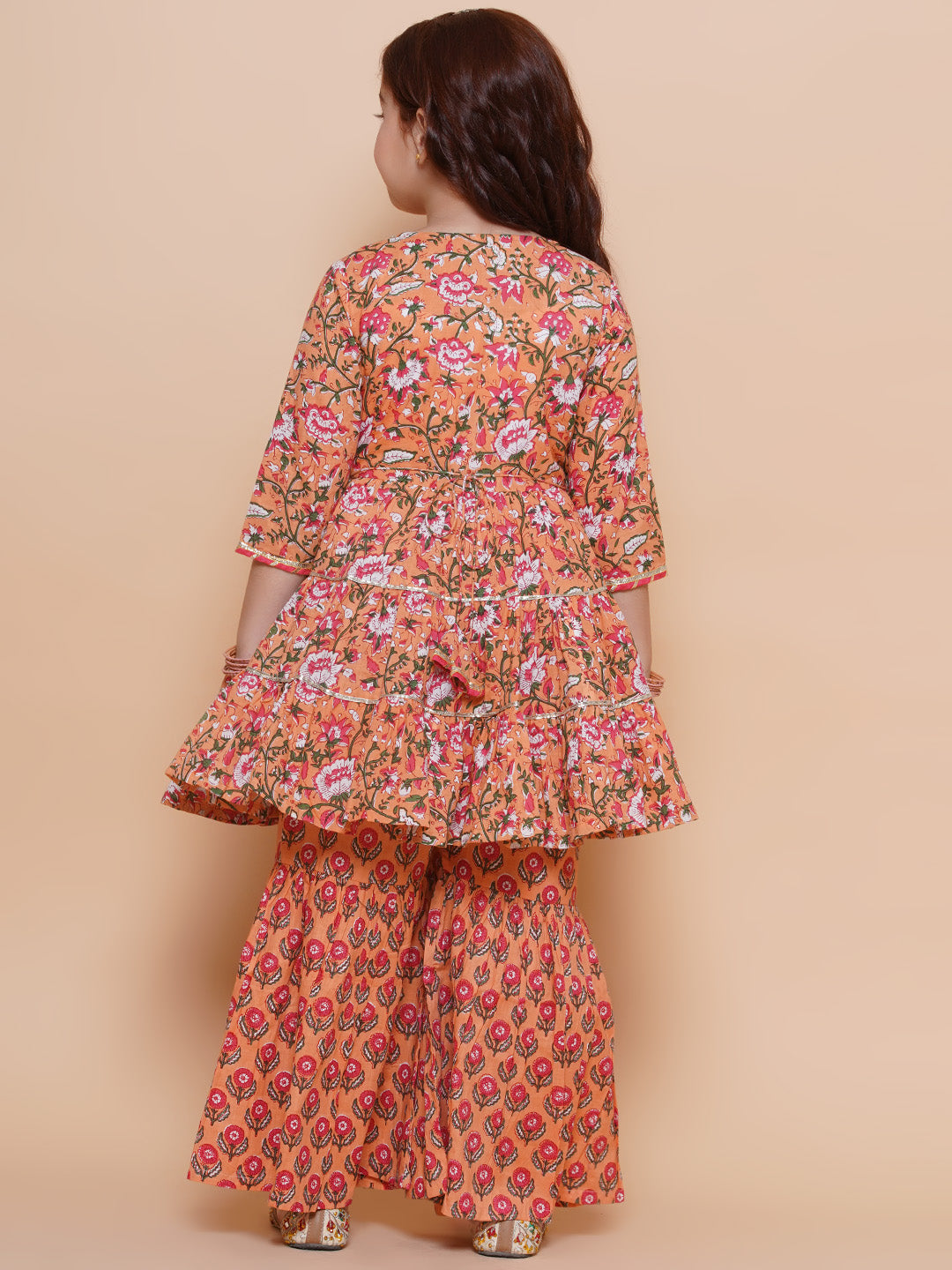 Girls Peach Maroon Printed Cotton Kurta With Sharara for Kids - Bhama - Distacart
