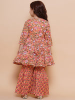 Thumbnail for Girls Peach Maroon Printed Cotton Kurta With Sharara for Kids - Bhama - Distacart