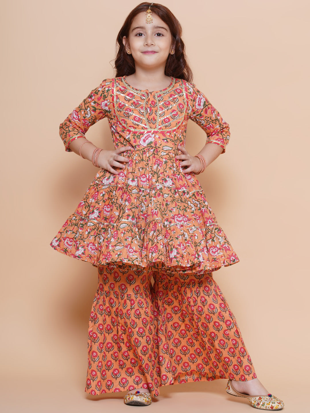 Girls Peach Maroon Printed Cotton Kurta With Sharara for Kids - Bhama - Distacart