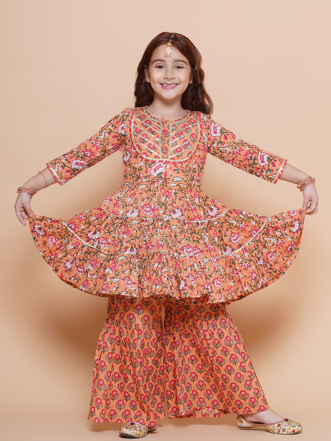 Girls Peach Maroon Printed Cotton Kurta With Sharara for Kids - Bhama - Distacart