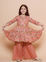 Thumbnail for Girls Peach Maroon Printed Cotton Kurta With Sharara for Kids - Bhama - Distacart