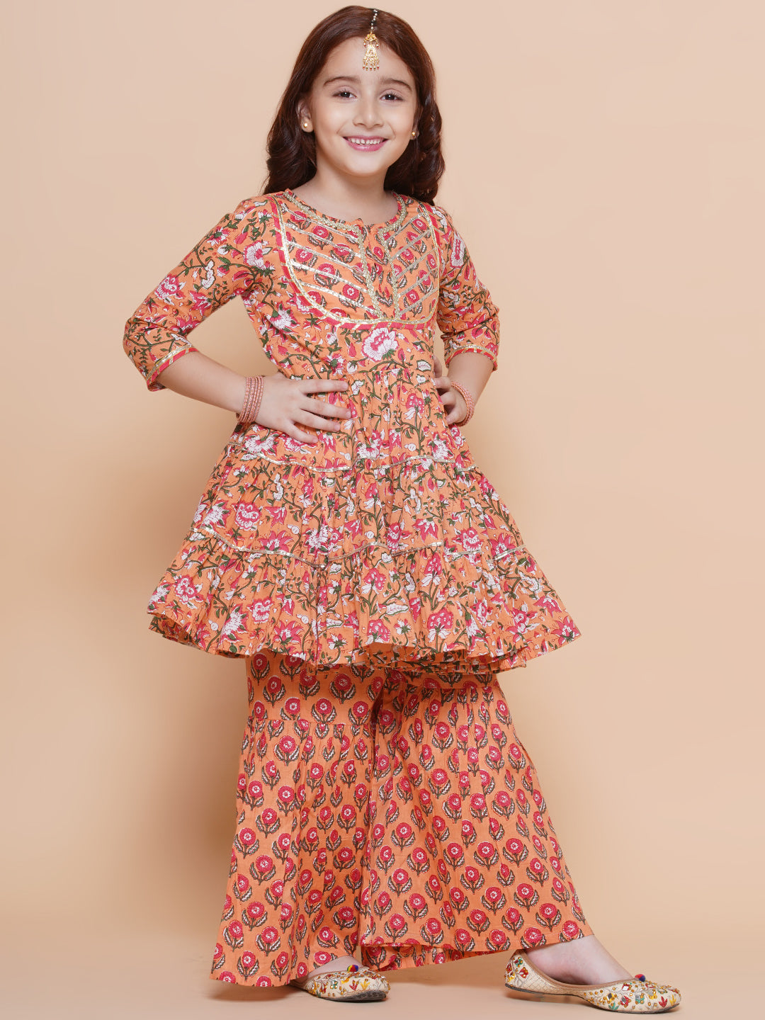 Girls Peach Maroon Printed Cotton Kurta With Sharara for Kids - Bhama - Distacart