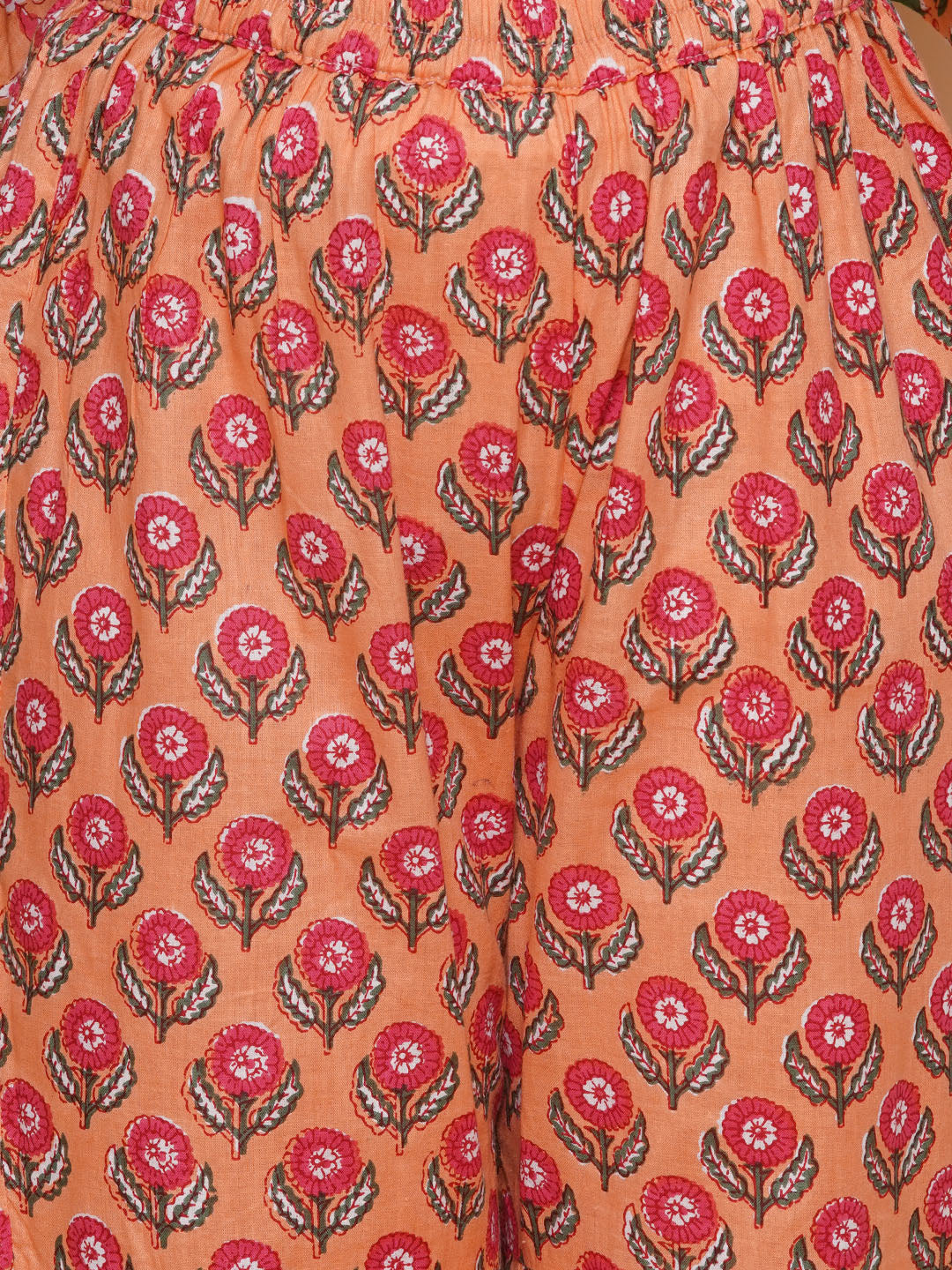 Girls Peach Maroon Printed Cotton Kurta With Sharara for Kids - Bhama - Distacart