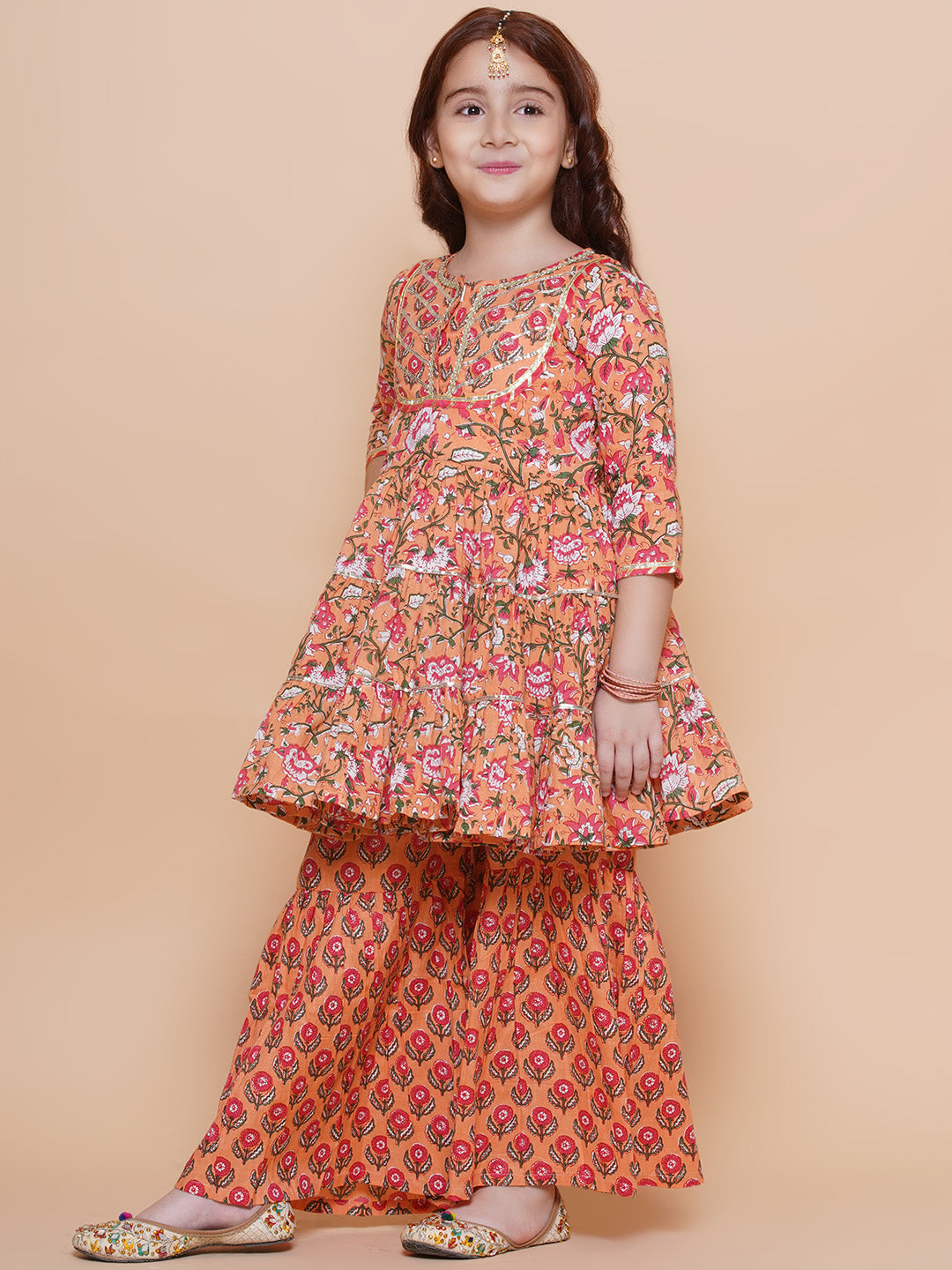 Girls Peach Maroon Printed Cotton Kurta With Sharara for Kids - Bhama - Distacart