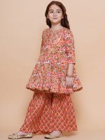Thumbnail for Girls Peach Maroon Printed Cotton Kurta With Sharara for Kids - Bhama - Distacart