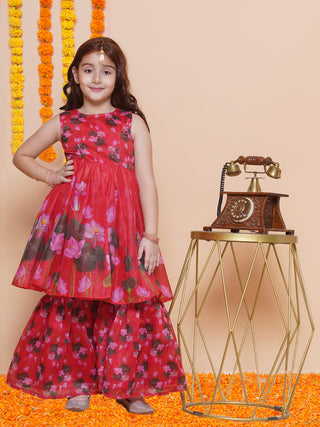 Girls Red Floral Printed Kurta With Sharara - Bhama - Distacart