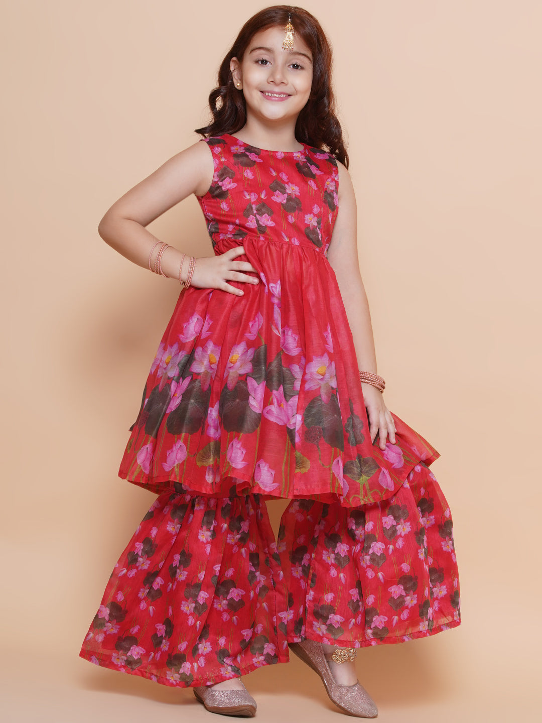Girls Red Floral Printed Kurta With Sharara - Bhama - Distacart