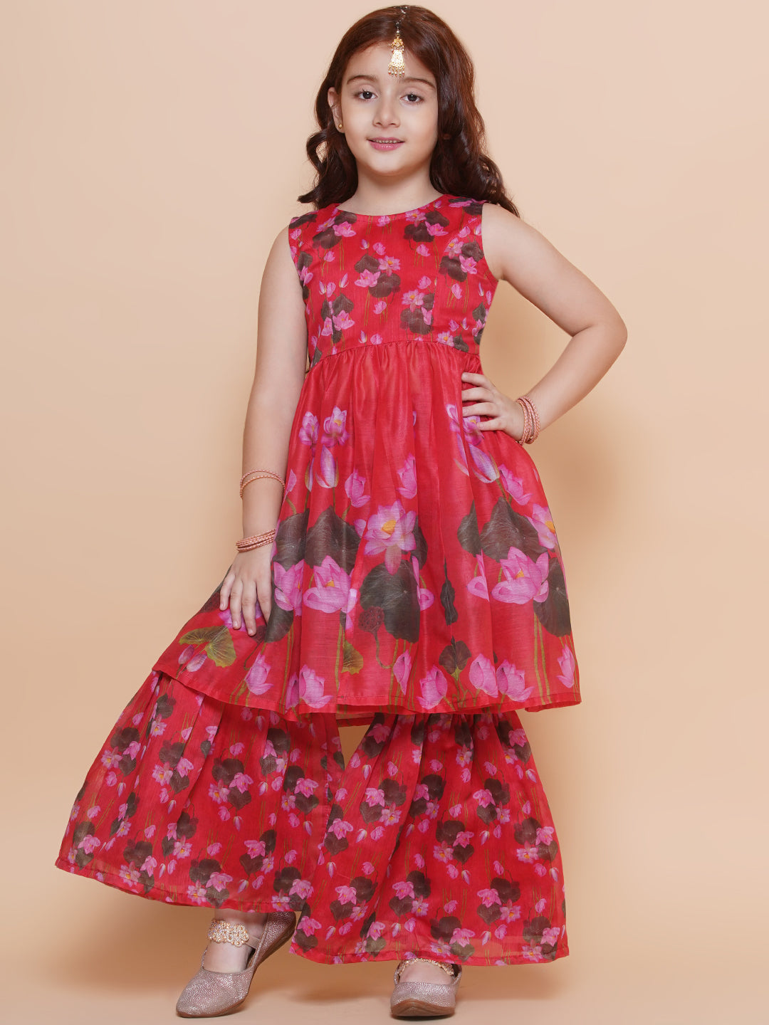 Girls Red Floral Printed Kurta With Sharara - Bhama - Distacart