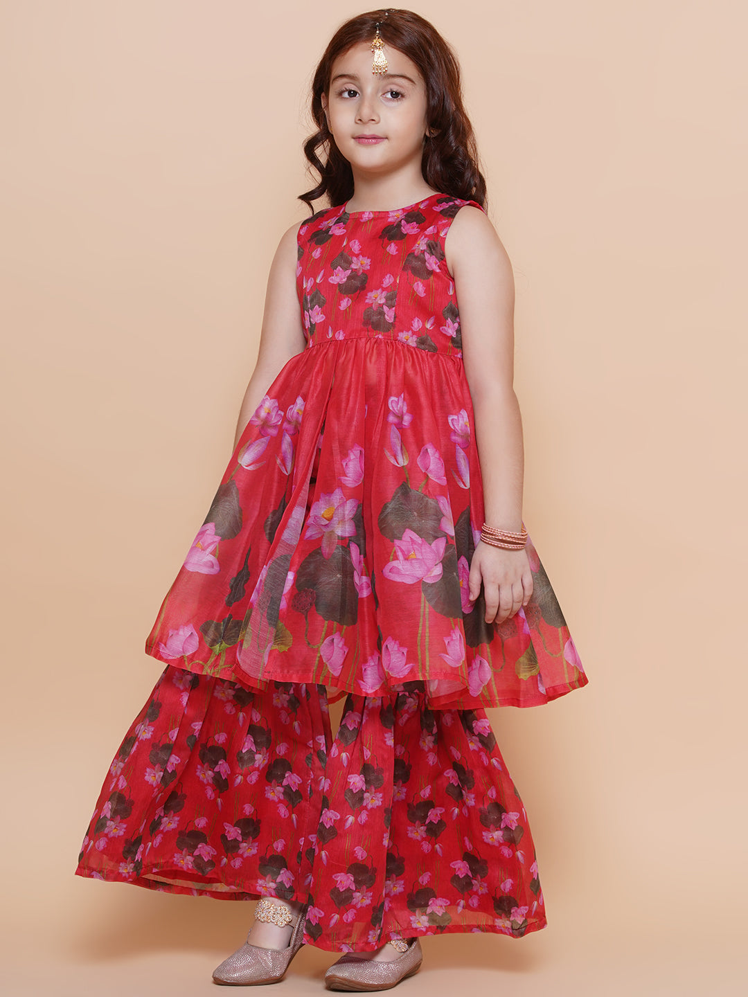 Girls Red Floral Printed Kurta With Sharara - Bhama - Distacart