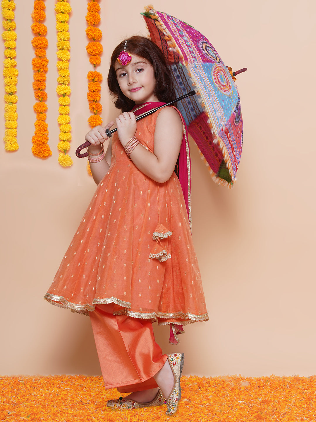 Girls Peach Orange booti Angrakha Gotta Patti Kurta & Trousers set With Dupatta - Bhama - Distacart