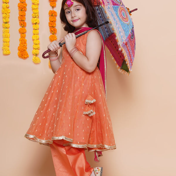 Girls Peach Orange booti Angrakha Gotta Patti Kurta & Trousers set With Dupatta - Bhama - Distacart